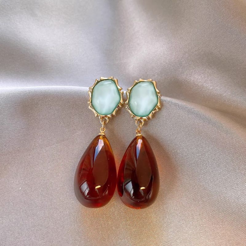 ARETES GOTA ÁMBAR Y PIEDRA AZUL